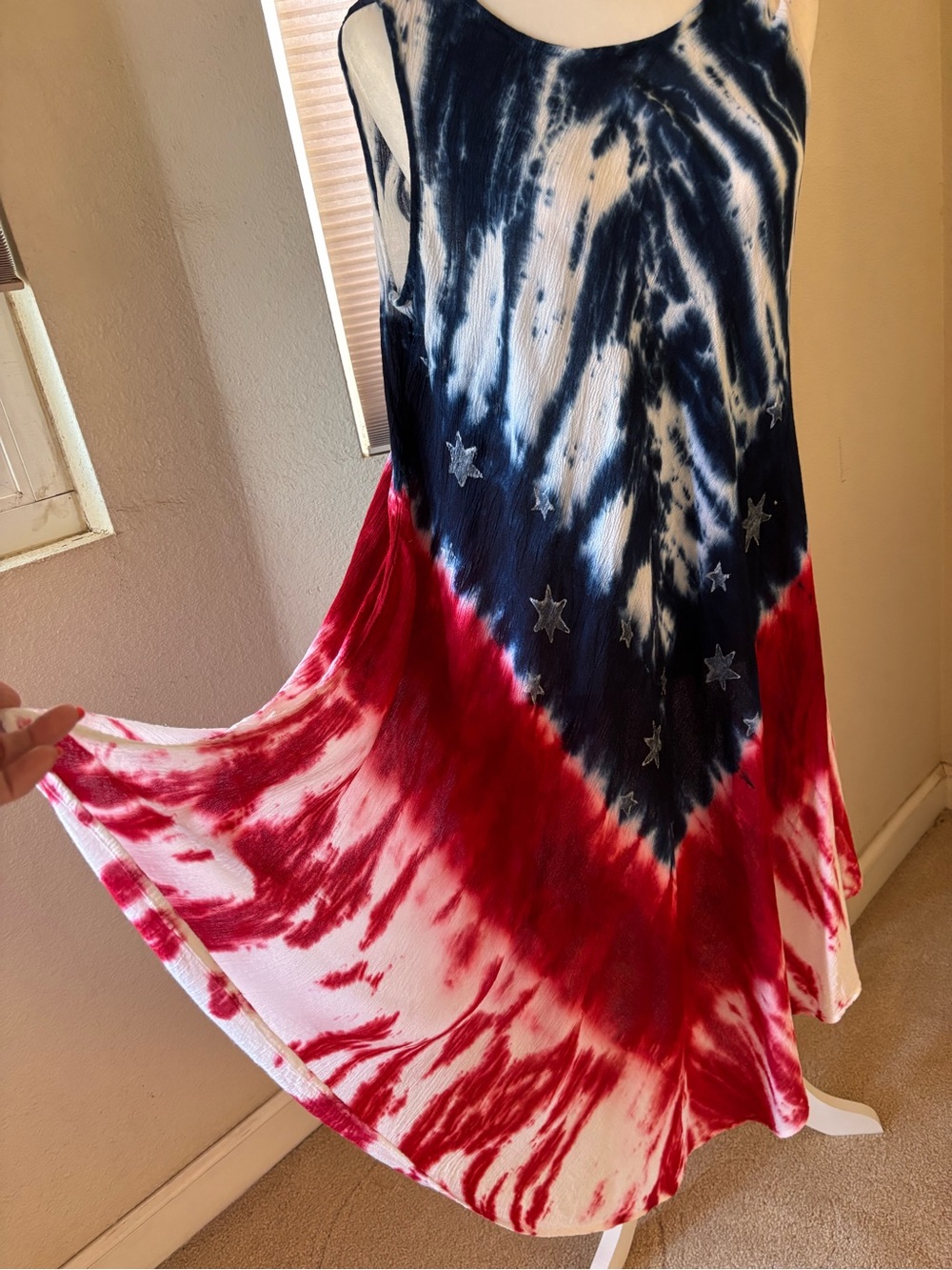 Tie-Dye Tank Dress with Star Accents - Red, White & Blue